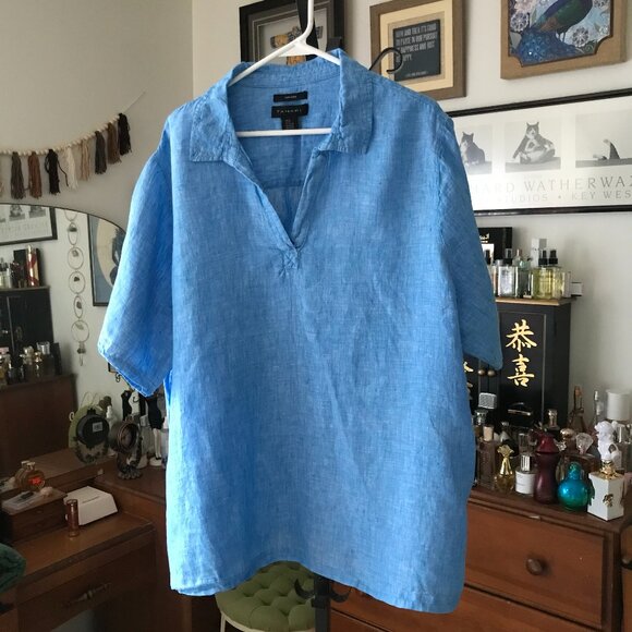 TAHARI size 3X Bright Blue 100% Linen Short Sleeve Tunic Top - Picture 1 of 5